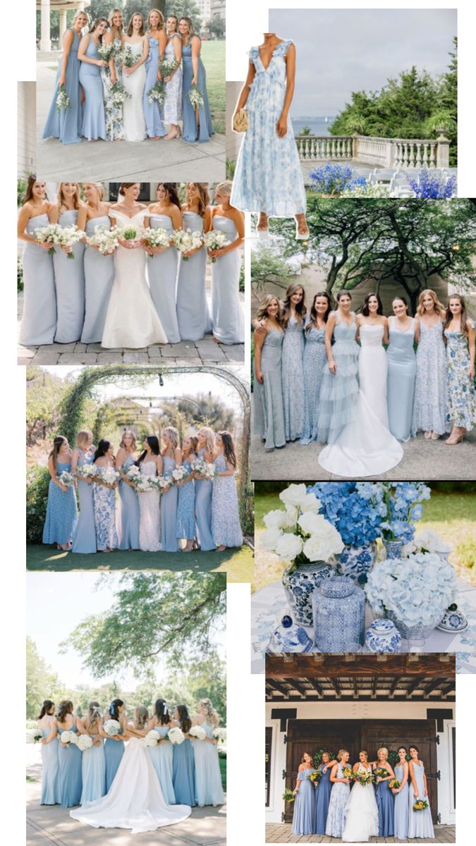 the bride and her bridal party are posing for pictures in their blue gowns