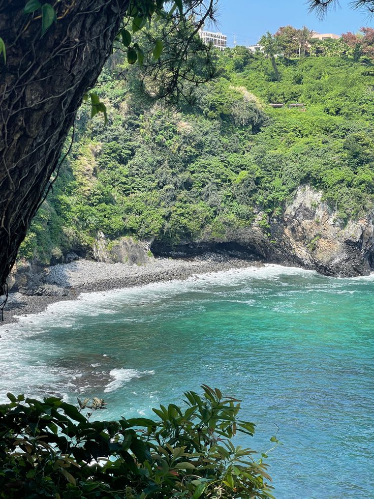 the water is crystal blue and green with trees on both sides in front of it