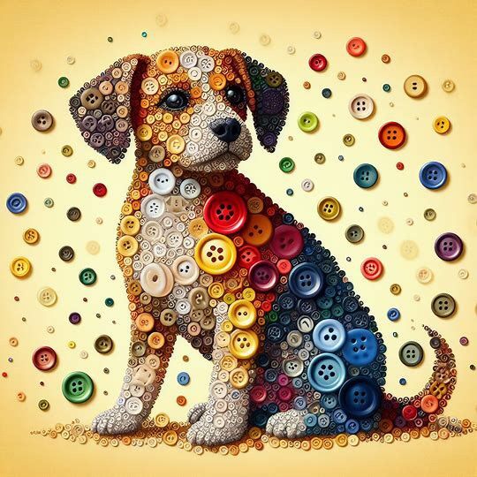 a dog made out of buttons sitting on top of a yellow background with lots of different colors