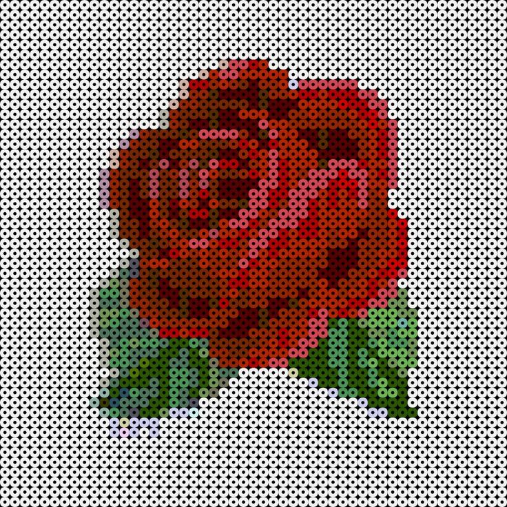 a red rose with green leaves on a white background made up of small circles in the shape of squares