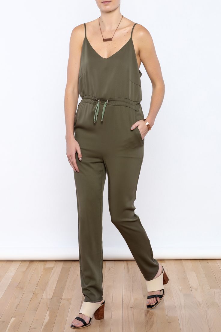 Lightweight olive jumpsuit with a v-neckline side pockets drawstring waist adjustable straps and back pockets.  Olive Jumpsuit by Dance & Marvel. Clothing - Jumpsuits & Rompers - Jumpsuits San Diego California Olive Jumpsuit Outfit, Jumpsuit Outfit Winter, Marvel Clothing, Olive Jumpsuit, Jumpsuit Outfit, Outfit Winter, San Diego California, Drawstring Waist, San Diego