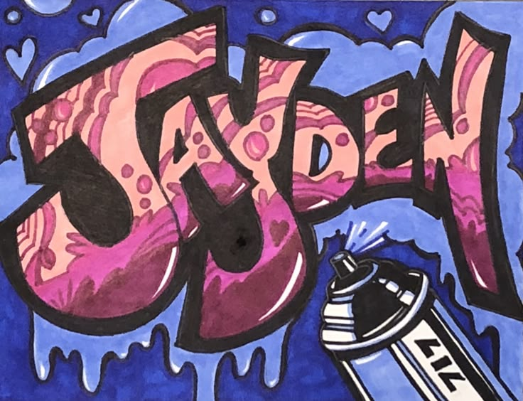 the word graffiti is painted in pink and blue with a spray can next to it