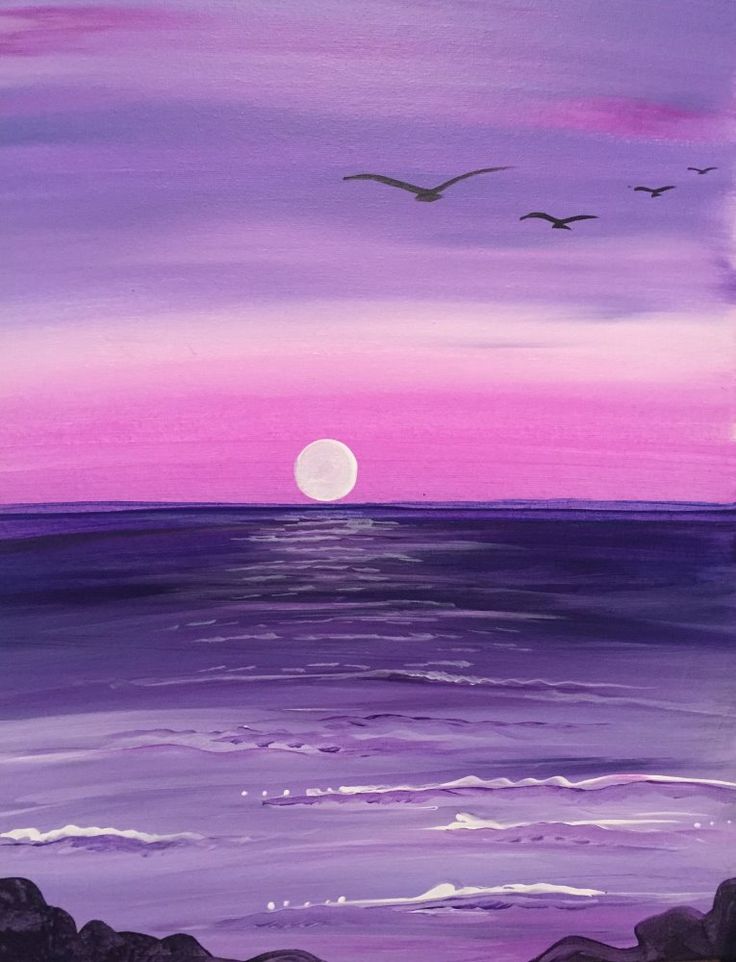 an acrylic painting of a purple sunset over the ocean with seagulls