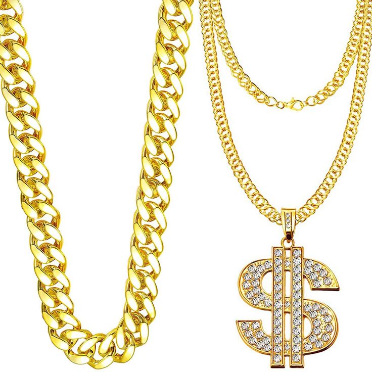 PRICES MAY VARY. 👑 【HIP HOP CHAIN NECKLACE】 💲： You will get two chunky gold necklaces in the package. Our gold chains have three styles: gold rope chain, gold dollar sign necklace and gold chain with round pendant. You can match gold accessories according to your daily wear style. Although it is a fake gold chain, but it has a shiny appearance and nice feel. 👑 【GOLD PLATED NECKLACE】 💲: These pendant chain necklace are made of solid zinc alloy material, which make the necklace sturdy and dura 90s Hip Hop Costume, Trendy Gold Necklace For Streetwear, Gold Metal Necklaces For Streetwear, Gold Cuban Link Necklace For Streetwear, Rapper Chains, Gold Chain Hip Hop, Hip Hop Jewelry Amazon.com, Gold Dollar, Hip Hop Necklace