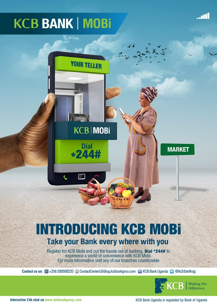 an advertisement for the kfc bank mobi, with a woman holding up a cell phone