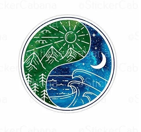 yin yang landscape sticker Yin Yang Landscape, Anatomical Tattoos, Circular Tattoo, Wave Drawing, Feel Good Books, Circle Tattoos, Stylish Nails Designs, Classy Tattoos, Hand Painted Rocks