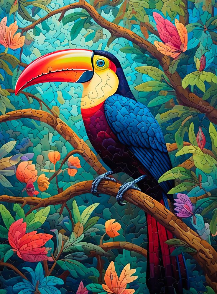 a painting of a toucan perched on a tree branch