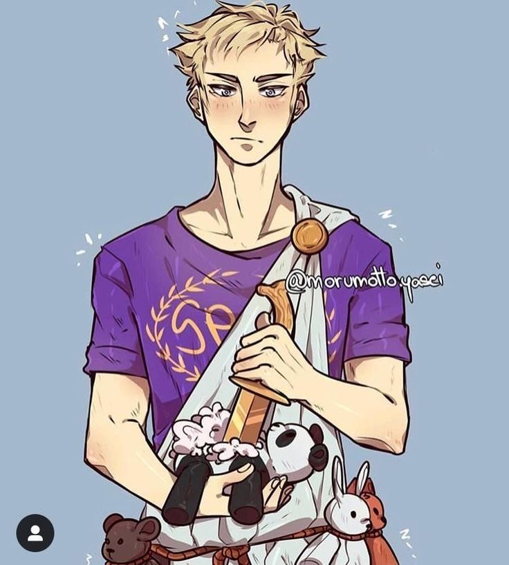 a drawing of a man holding two stuffed animals in his hands and wearing a purple shirt