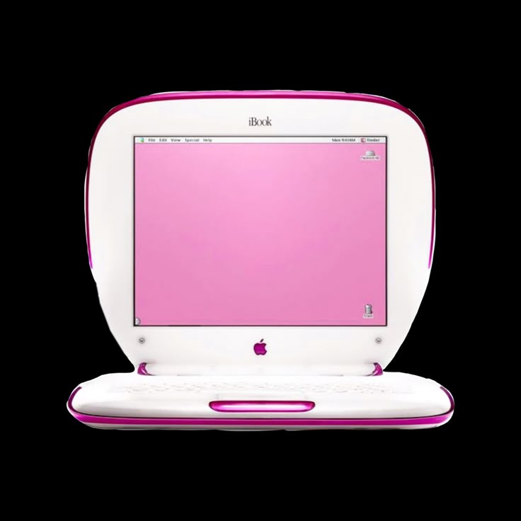 an apple computer with a pink screen on it's back end and keyboard in the front