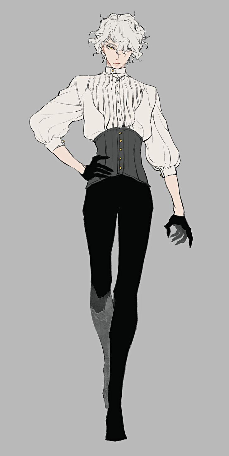 a drawing of a woman with white hair and black pants