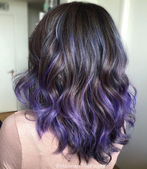 Brown Fade To Purple Hair, Light Brown Hair With Purple Highlights Underneath, Maroon Peak A Boo Hair, Colorful Balayage Brunette, Colour Streaks In Hair, Brown And Violet Hair, Dip Dye Hair Black, Light Purple Balayage, Purple And Brown Hair