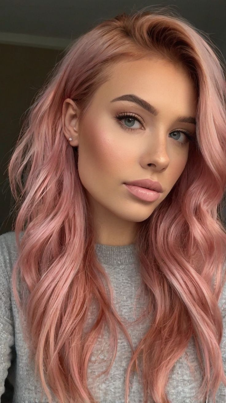 Sophisticated 45 Pink Hair Color Ideas for Tan S Pink Dark Blonde Hair, All Over Pink Hair, Pink Hair Blonde Money Piece, Strawberry Blonde Hair With Pink, Rose Gold Hair Dark Roots, Dusty Pink Hair Balayage, Pink Balayage Short Hair, Hair Inspo Color Dyes, 2025 Hair Color