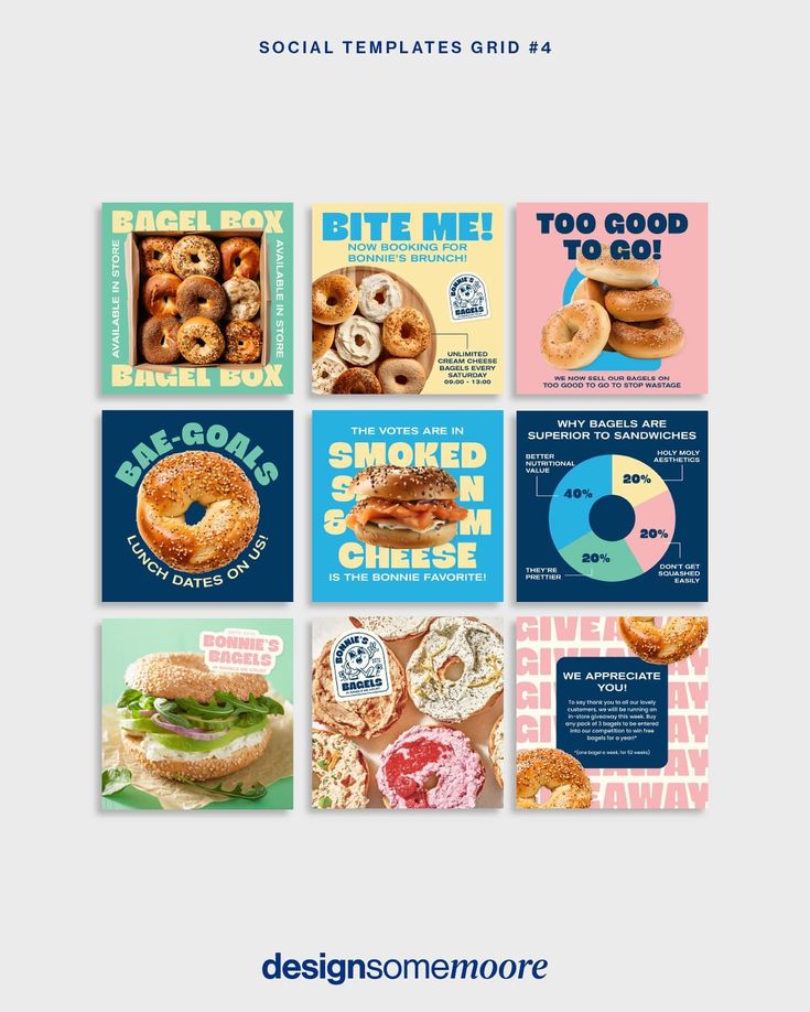 a bunch of posters with different types of food on them, including donuts and other items