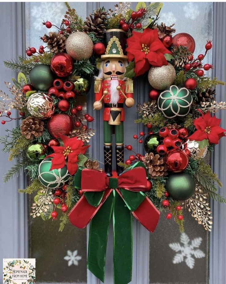 a christmas wreath with a nutcracker and decorations on the front door for decoration