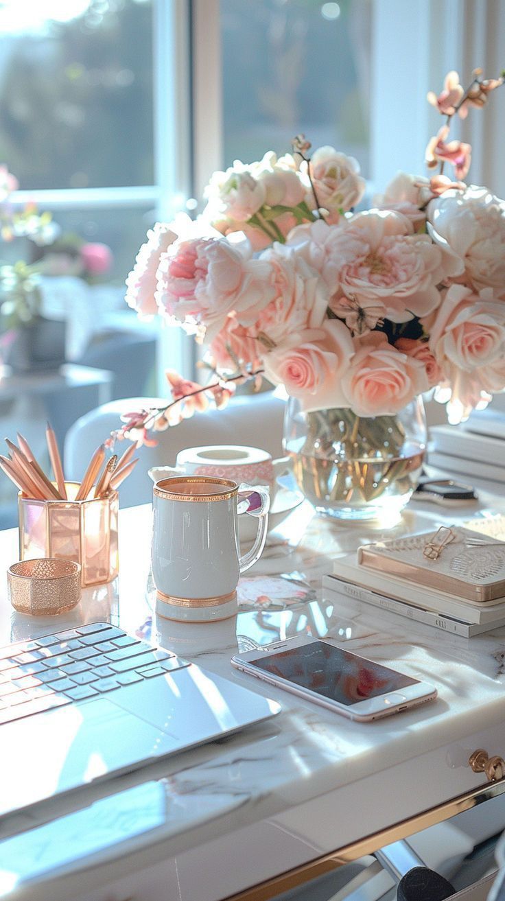 a table with flowers and books on it, next to a laptop computer in front of a window