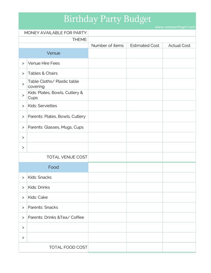 the birthday party budget sheet is shown