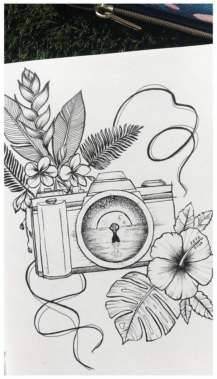 a drawing of a camera and some flowers