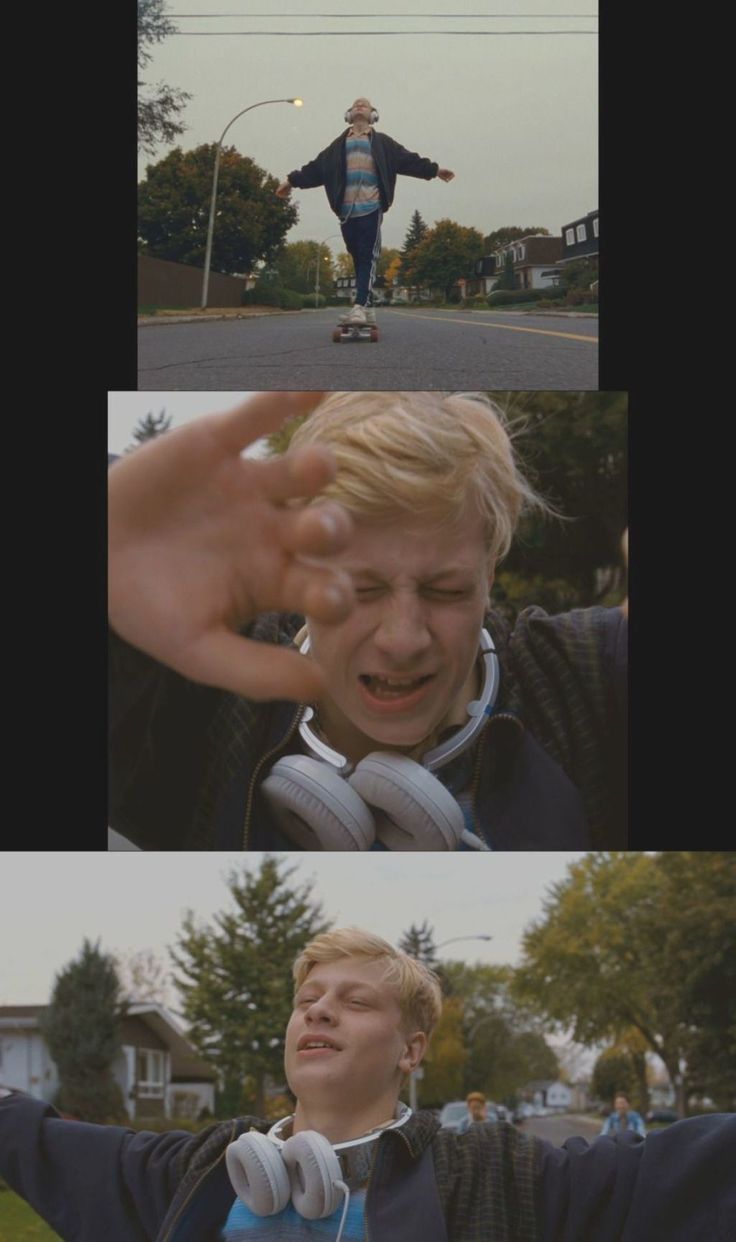 two pictures of a boy with headphones on and one has his hands in the air