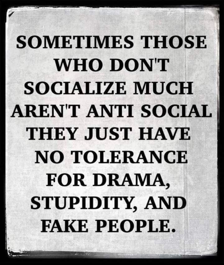 a sign that reads sometimes those who don't socialize much aren't anti social they just have no tolerance for drama, stupidy and fake people