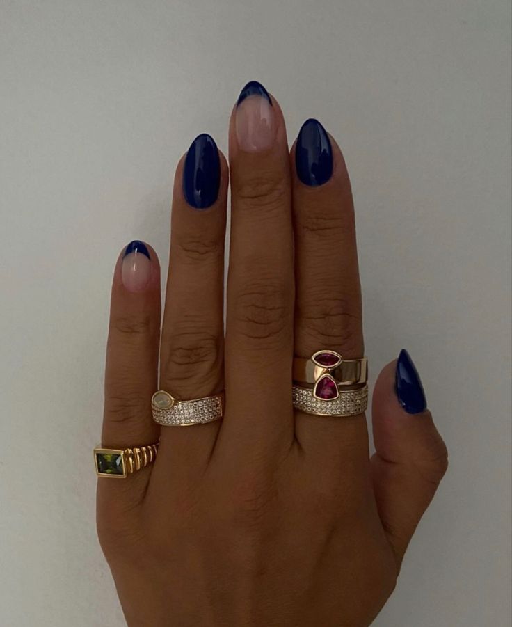 Navy Tip Acrylic Nails, Navy Blue Nail Tips, Navy Almond Shaped Nails, Short Almond Acrylic Nails Dark Blue, Nails Acrylic January, Navy Nail Tips, Dark Navy Blue French Tip Nails, Dark Blue Prom Nails Almond, Almond Nails Navy Blue