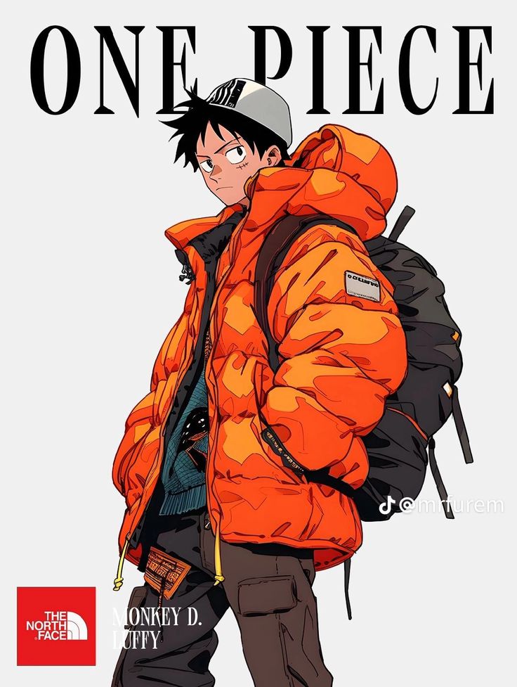 the poster for one piece shows a young man in an orange jacket and black pants