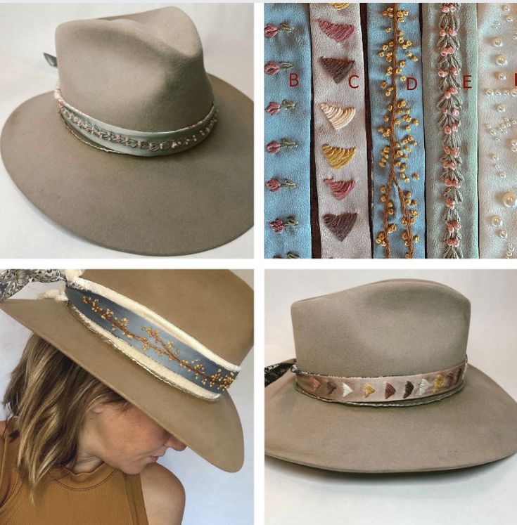 Hand embroidered hat bands. 7 different designs embroidered on silky ribbon with alternative side made of 6 different Liberty of London fabrics. Customize your options and create a completely unique hat band! Cowboy Hat Bands Diy, Hat Bands Diy, Hat Bands Diy Ideas, Art Hats, Cowboy Hat Bands, Hat Bands, Chapeau Cowboy, Liberty Of London Fabric, Boho Hat