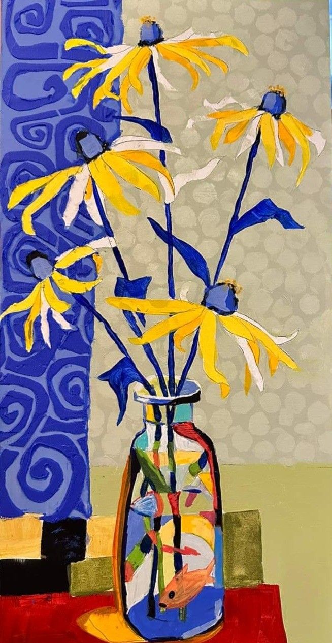 a painting of yellow flowers in a blue vase on a red tablecloth with an abstract background