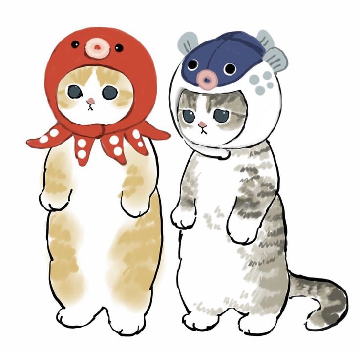 two cats with hats and scarves on their heads are standing next to each other