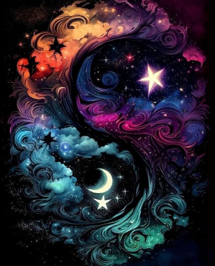 an artistic painting with stars and clouds in the sky