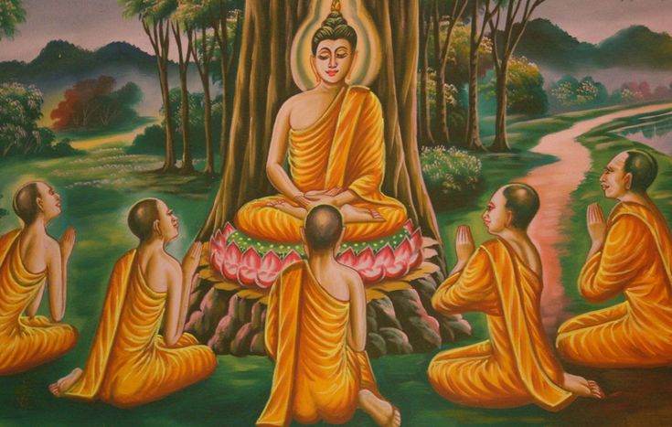 a painting of buddhas sitting in front of a tree