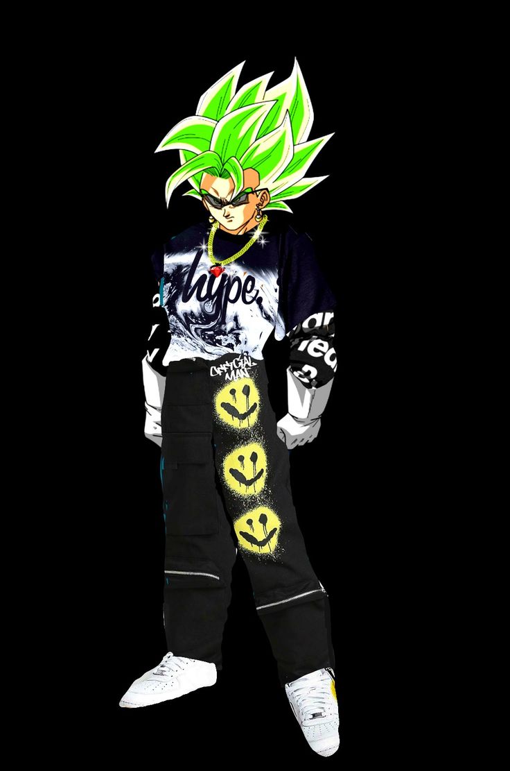 a young man dressed in black and white with green hair