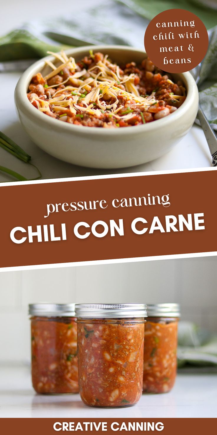 the recipe for chili con carne is shown in three jars and two spoons