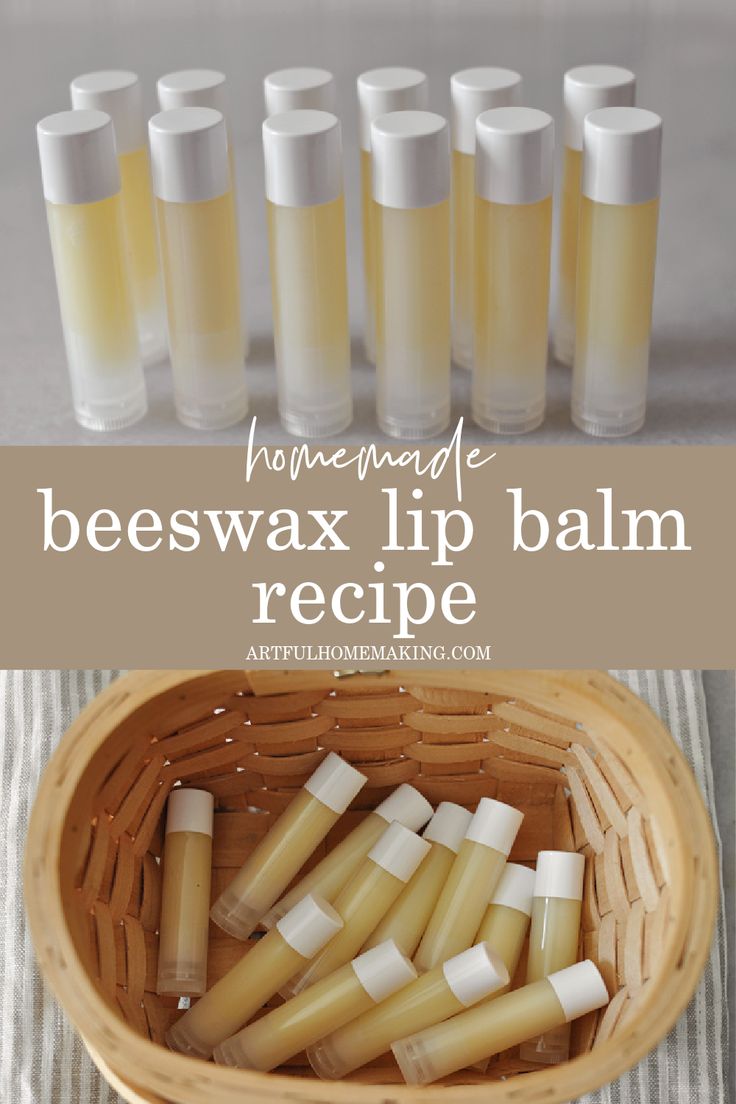 beeswax lip balm recipe in a wicker basket with candles and bottles