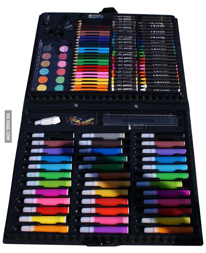 a black case filled with lots of different colored crayons