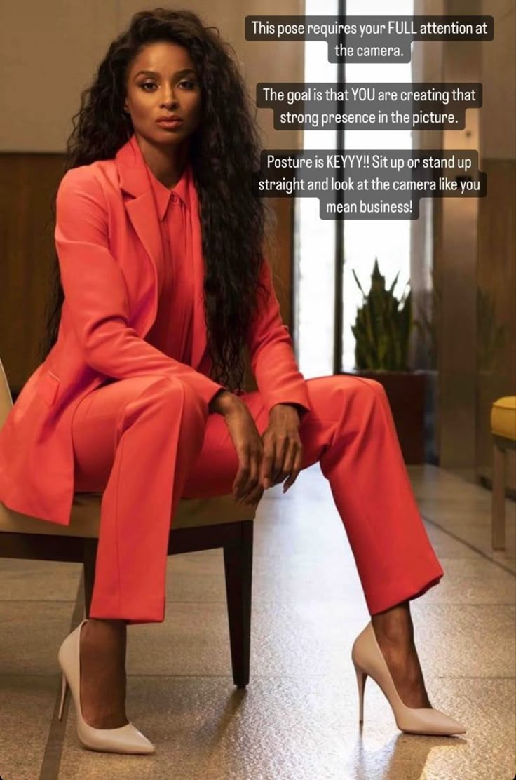 a woman sitting on top of a chair wearing a pink suit and white shoes with the caption's above her