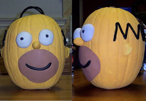 two pumpkins decorated to look like characters from the simpsons are shown side by side