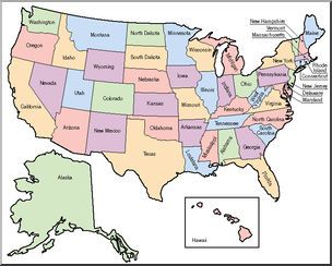 a map of the united states with names and major cities in each state on it