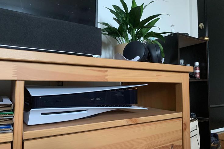 an entertainment center with a television and speakers on it's shelf, next to a potted plant