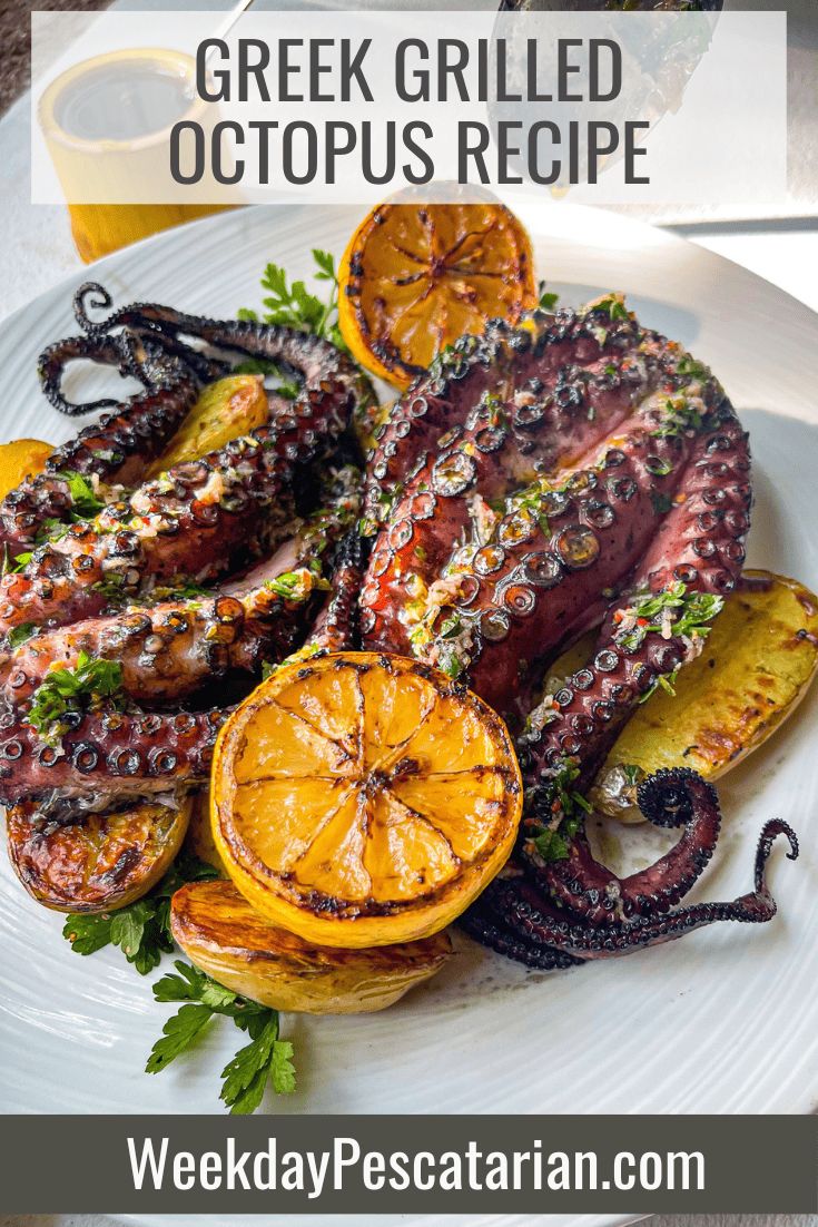 grilled octopus on a plate with orange slices and garnish