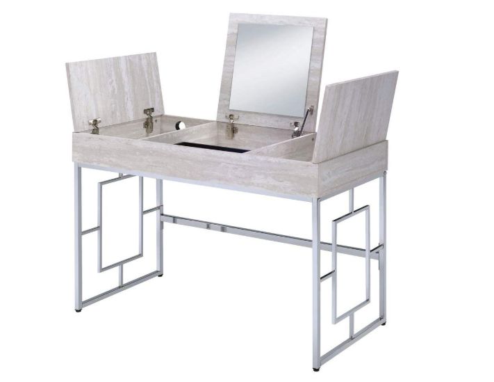 a white vanity with a mirror and sink on it's side, in front of a white background