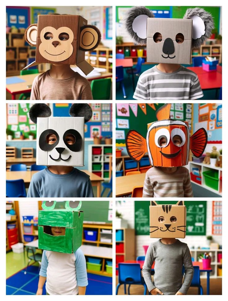 four pictures of children wearing animal masks in different ways, including one with a box on his head