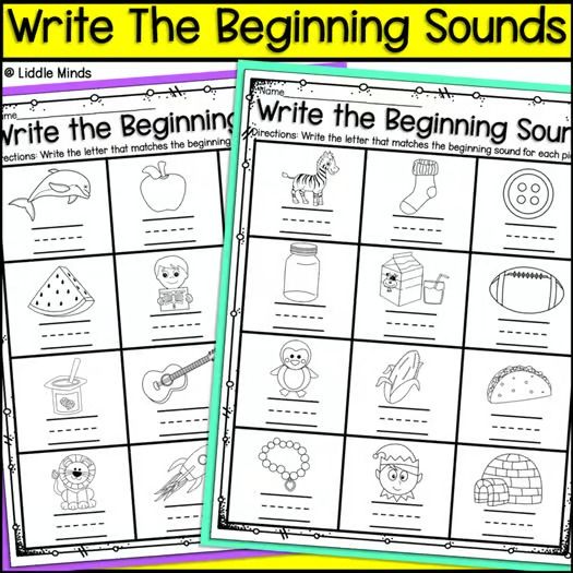 two worksheets for beginning sounds and writing