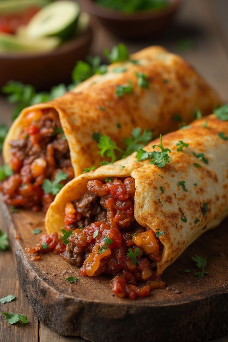 two burritos with meat and vegetables on a cutting board