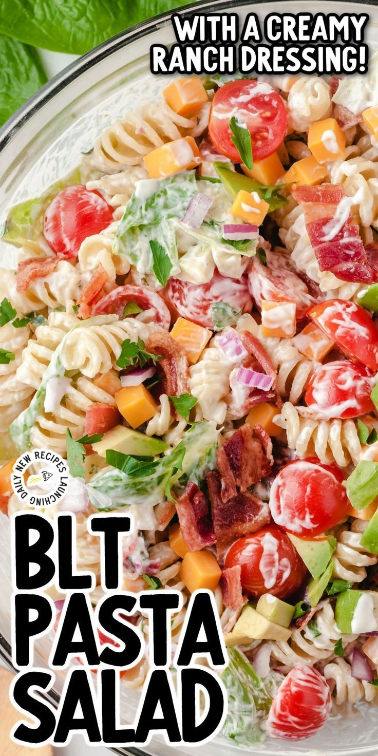 BLT Pasta Salad Blt Pasta Salad Recipe, Amazing Pasta, Blt Pasta Salad, Creamy Pasta Salads, Blt Pasta, Cold Pasta Salad Recipes, Blt Pasta Salads, Blt Salad, Ranch Pasta Salad