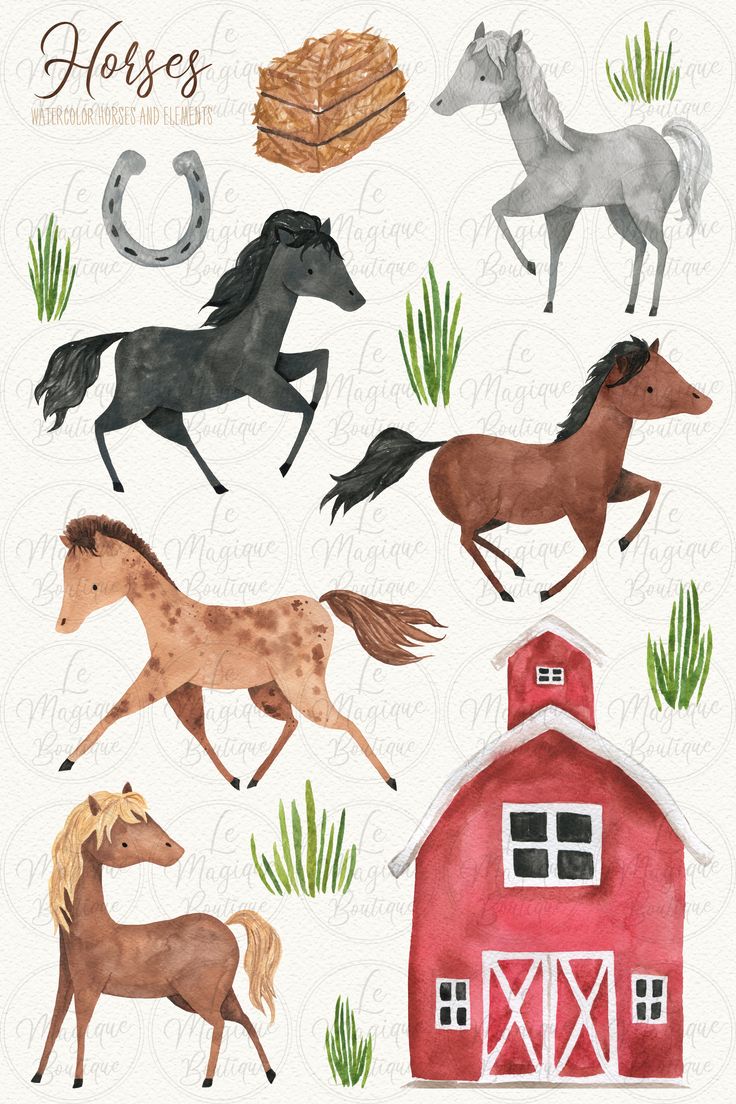 watercolor horses and barn clipart for scrapbooking, digital paper crafts or card making