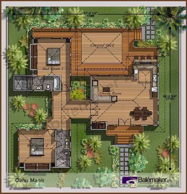 the floor plan for a small cabin with two bathrooms and an attached deck, is shown