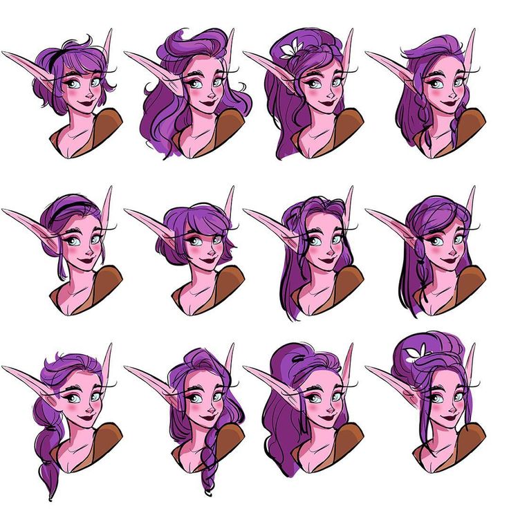 an animation character's head with different facial expressions and hair styles, including horns