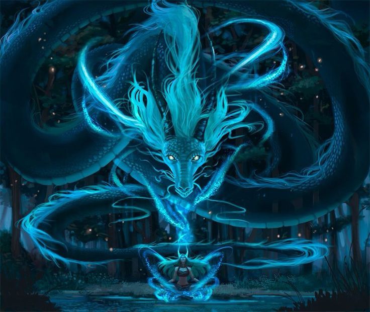 a blue dragon is in the middle of a body of water with its eyes open