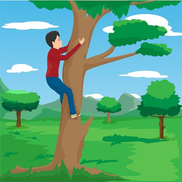 a man climbing up the side of a tree