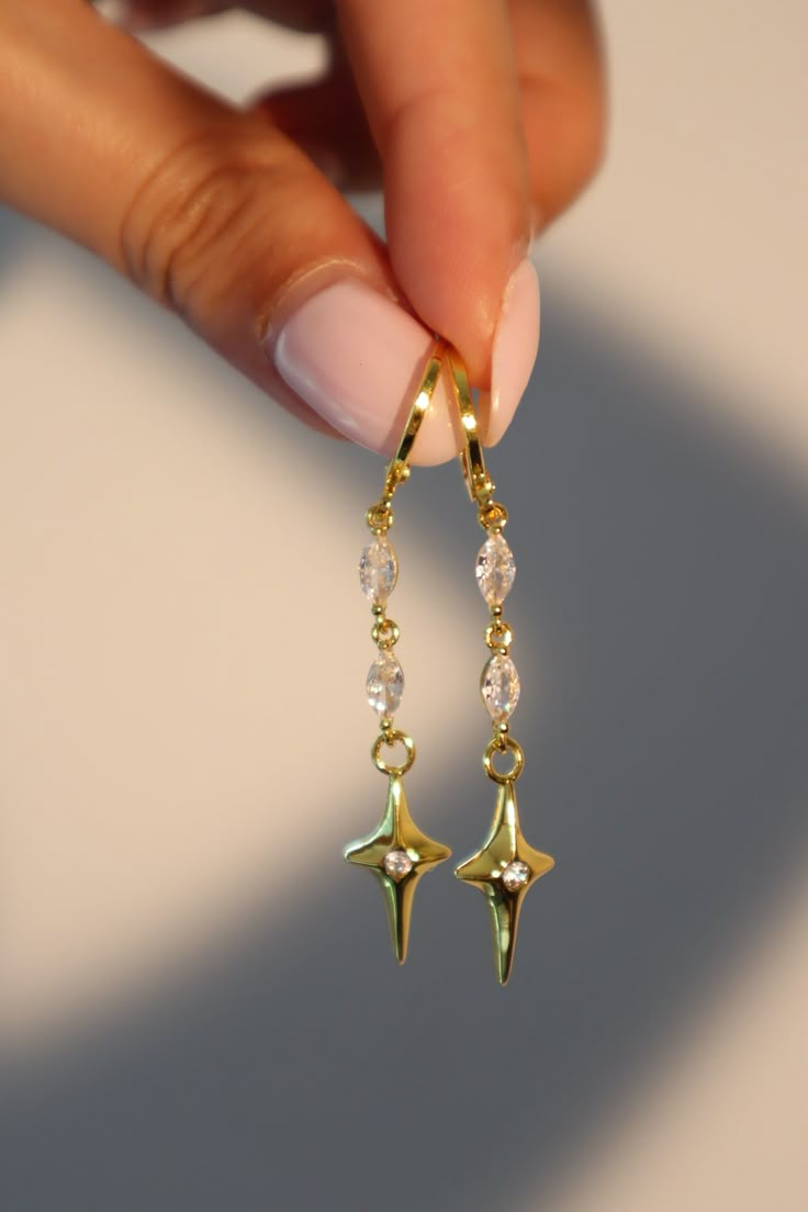 24K Gold Star Dangle Earrings – Cutethingscommin Ethereal Earrings Aesthetic, Gold Plated Drop Earrings, Dangling Star Earrings, Short Dangle Earrings, Gold Earrings Aesthetic, Dangling Earrings Gold, Silver And Gold Earrings, Minimalistic Jewelry, Star Dangle Earrings